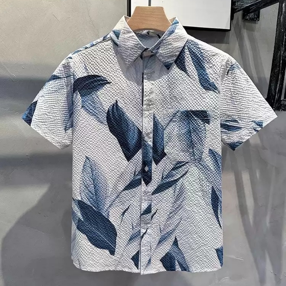 Blue Leaf Print Textured Shirt